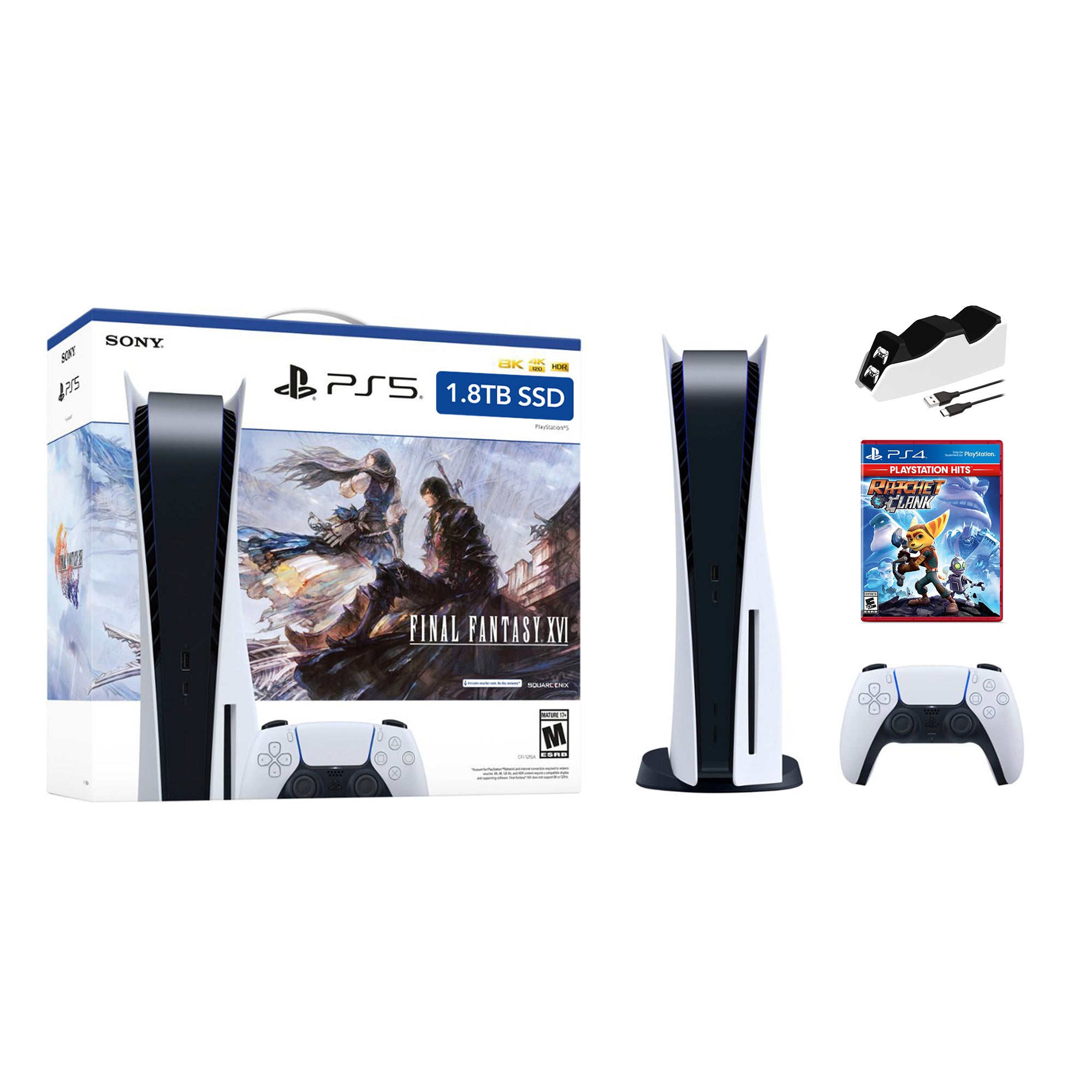 PlayStation 5 Upgraded 1.8TB Disc Edition FINAL FANTASY XVI Bundle with Ratchet and Clank and Mytrix Controller Charger - PS5, White PlayStation 5 Upgraded 1.8TB Disc Edition FINAL FANTASY XVI Bundle with Ratchet and Clank and Mytrix Controller Charger - PS5, White